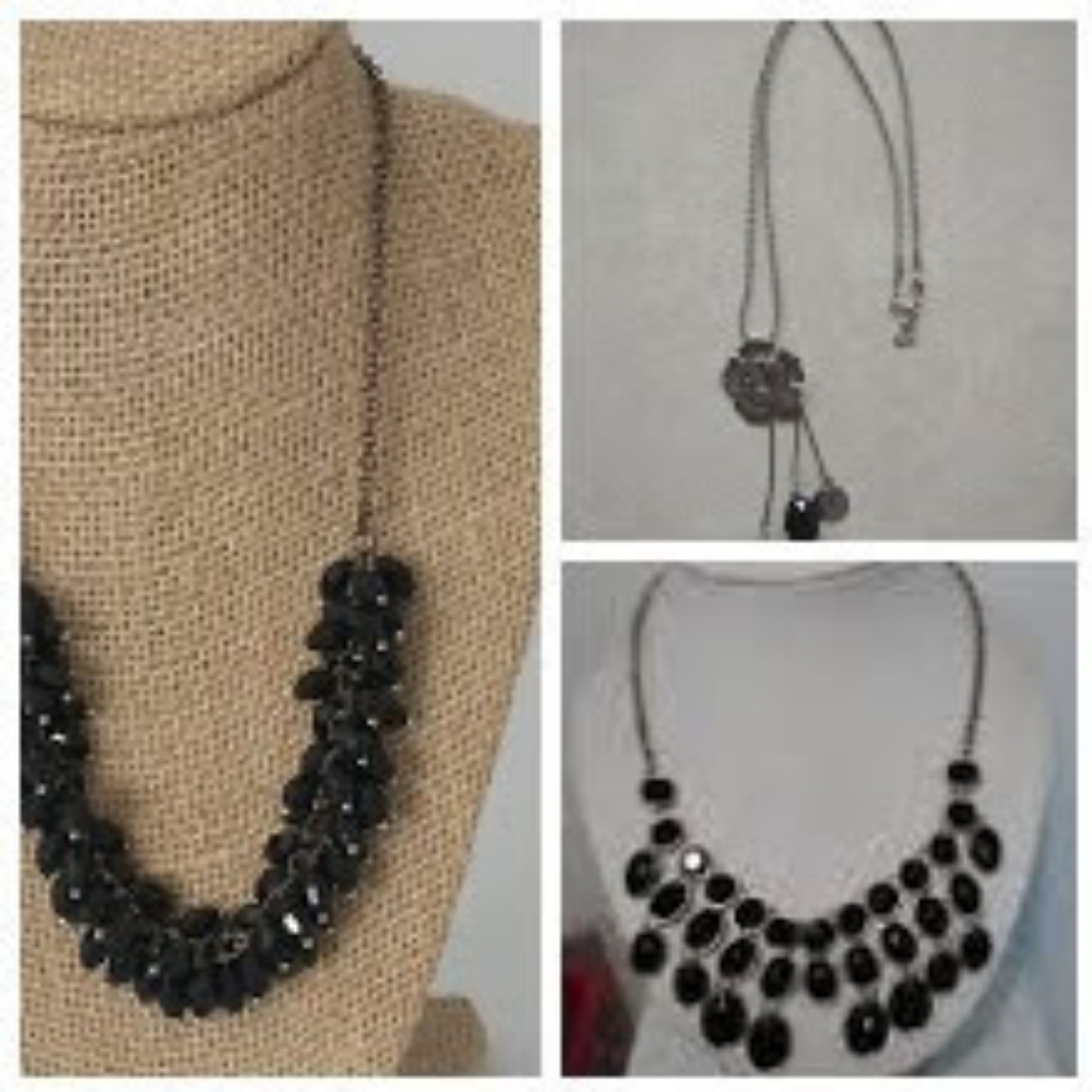 Lot of 3 Black Mix Necklaces Layered, Faceted Beads, Silver Chain Bib Long Discs
